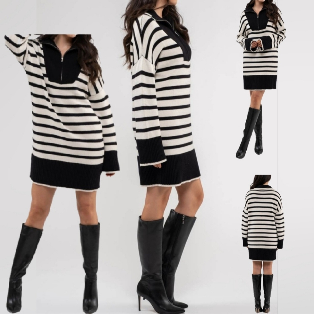 #11383 🛑S,M Fabulous Striped Collared Knit Sweater Dress
